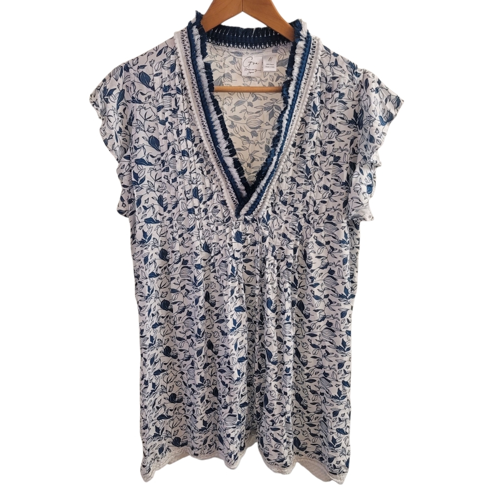 EUC Goa By Japna Blue and White Ruffled Smocked Top - Picture 3 of 6
